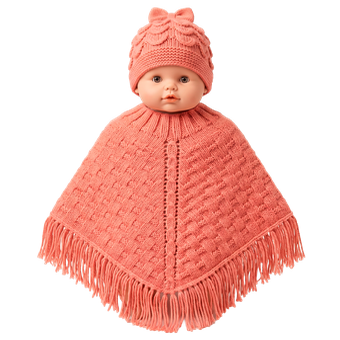 Poncho coral con flecos y gorro a juego